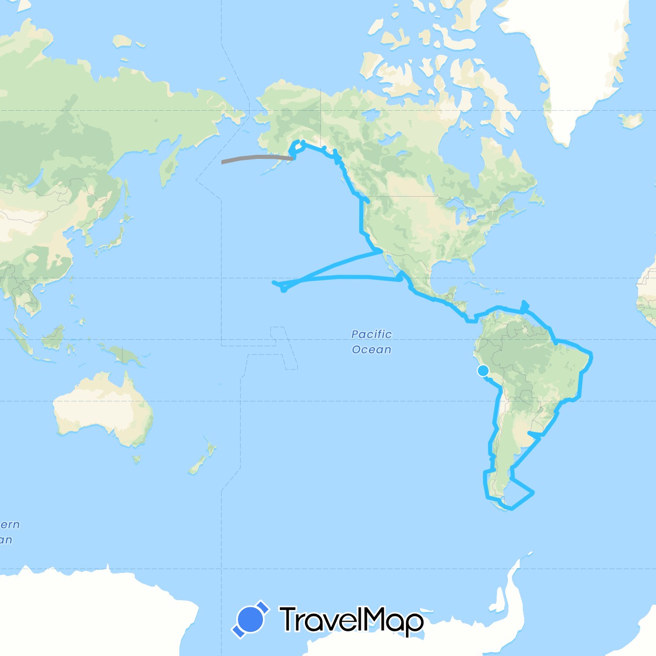 TravelMap itinerary: driving, plane, boat in Argentina, Australia, Barbados, Brazil, Canada, Chile, Colombia, Costa Rica, Fiji, Falkland Islands, Micronesia, Grenada, French Guiana, Guatemala, Indonesia, Japan, South Korea, Martinique, Mexico, Netherlands, Panama, Peru, Papua New Guinea, Philippines, Palau, Solomon Islands, El Salvador, Trinidad and Tobago, Taiwan, United States, Uruguay, Saint Vincent and the Grenadines, Vanuatu (Asia, Europe, North America, Oceania, South America)